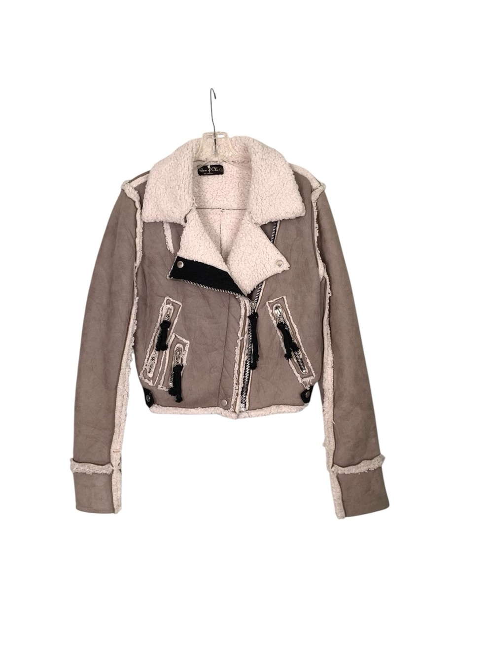 House Of Chloe Los Angeles Grey/Taupe Sherpa Shearling Zipper Jacket S